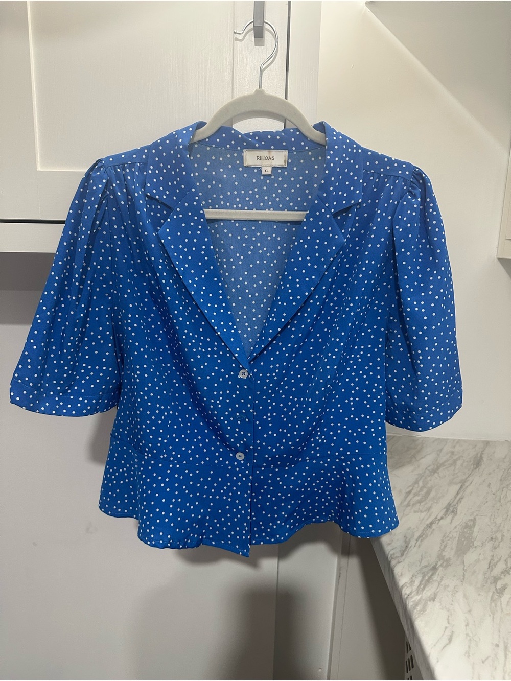 RIHOAS Blue Polka Dot Notch-Collar Blouse